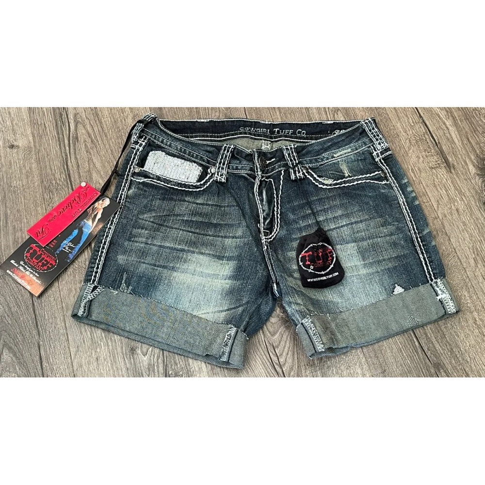 COPY - COWGIRL TUFF CO Womens Size 29 Crosses Shimmer Blue Denim Shorts NWT Cuf…